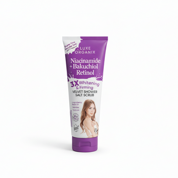 LUXE ORGANIX NIAMDE + BAKUCHIOL RETINOL 3X WHIING & FIRMING VELVET SHOWER SALT SCRUB